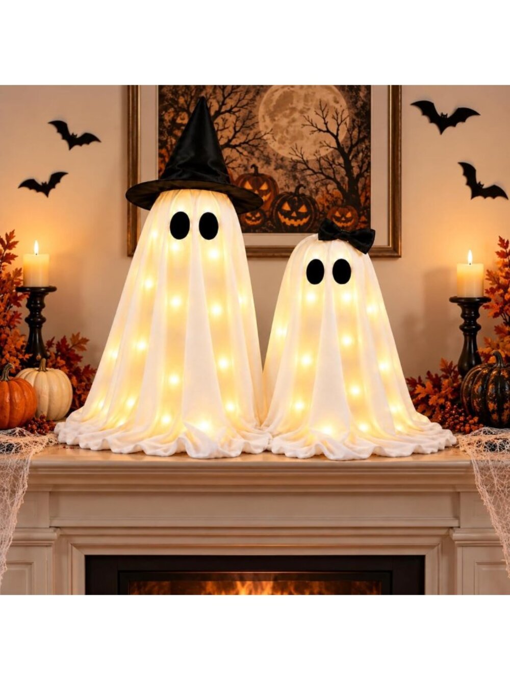 Lighted Halloween Ghost Decorations - 2-Pack Adjustable Tabletop Set for Spooky
